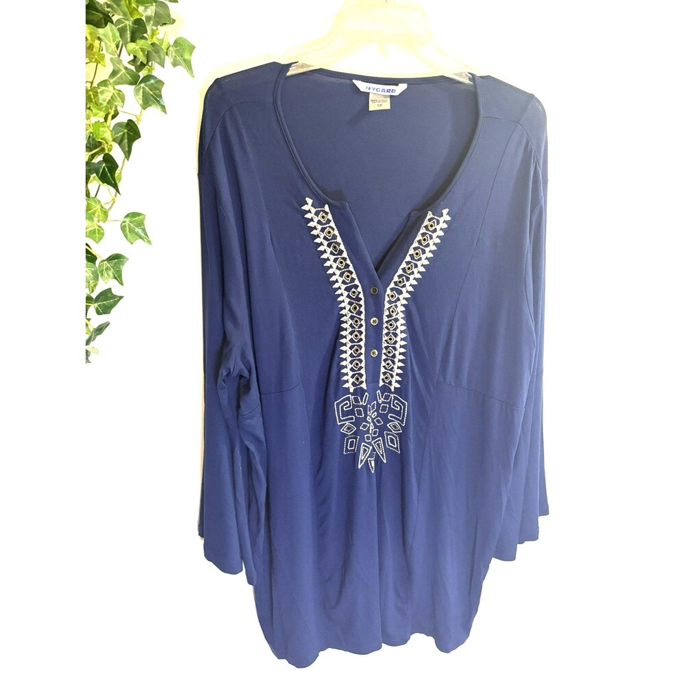 Nygard Womens 1X Blue Soft Knit Boho Lagenlook Bell Sleeve V-Neck Peasant Tunic